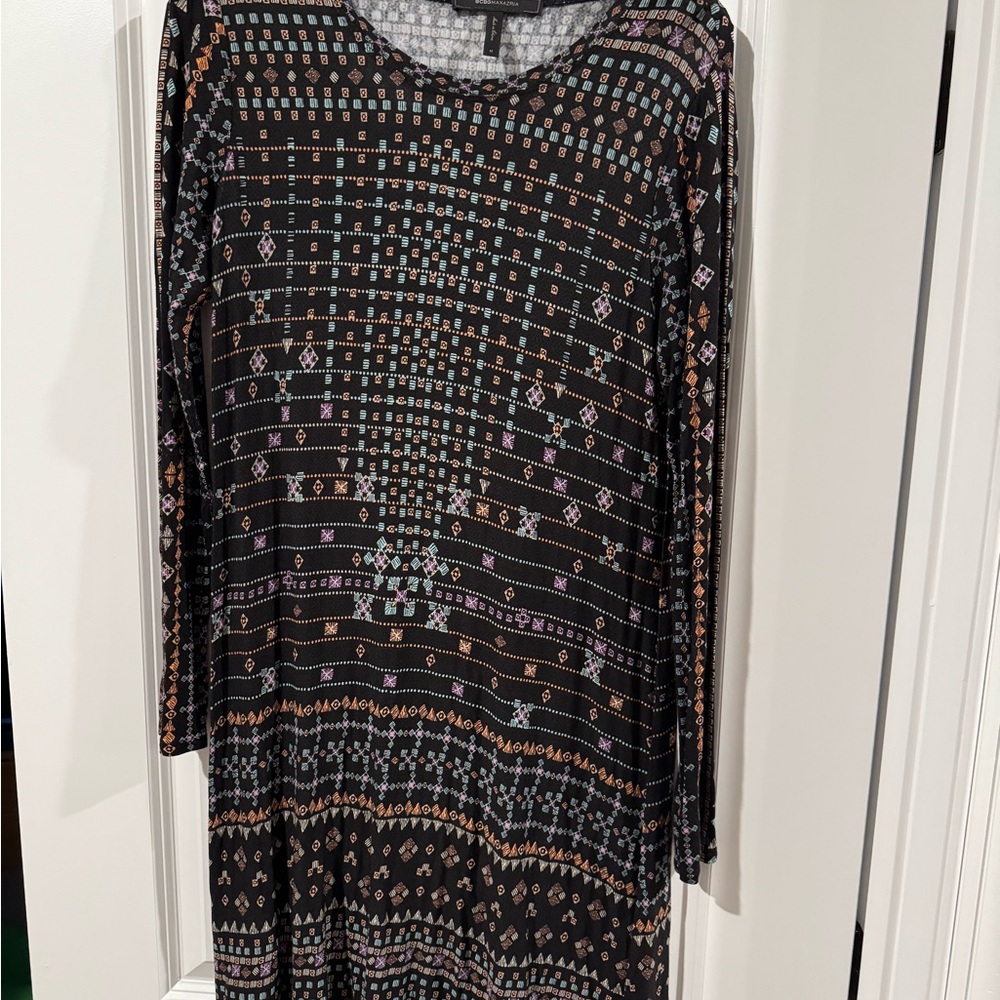 BCBGMaxAzria Black Dress with Multicolor Geometric Pattern